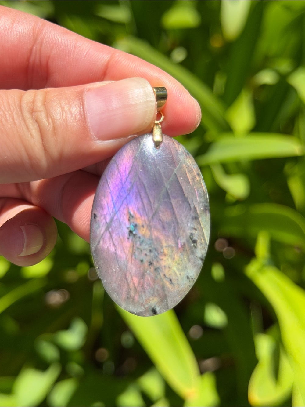 Gold plated stainless steel purple flash labradroite pendant 1767